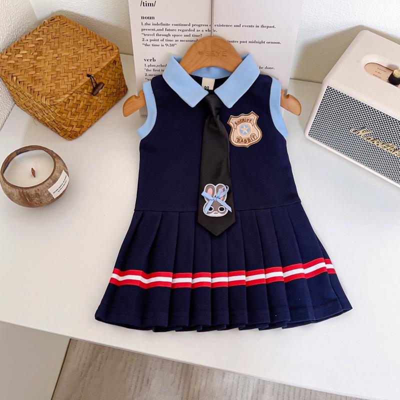 

Girls Sleeveless Pleated Academy Dress - Summer Korean Style with Tie AXA1058 Size 90