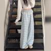 Lace Trim Blue Plaid Women's Wide-Leg Pants: High Waist, Loose Fit, Spring/Autumn 2025