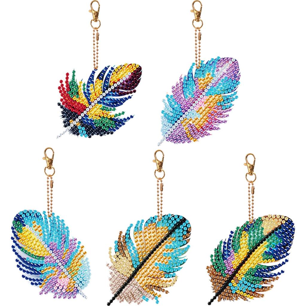 5Pcs Double Sided Animal Feather Diamond Painting Keychain Diamond Painting Art Keychain Pendant for Beginners Adults