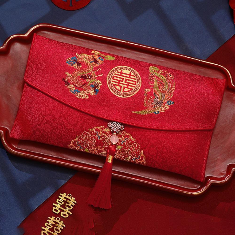 Multiple Patterns Wedding Red Packet Tassel Design Best Wishes Brocade Red Envelope HongBao Embroidery New Year's Blessing Bag