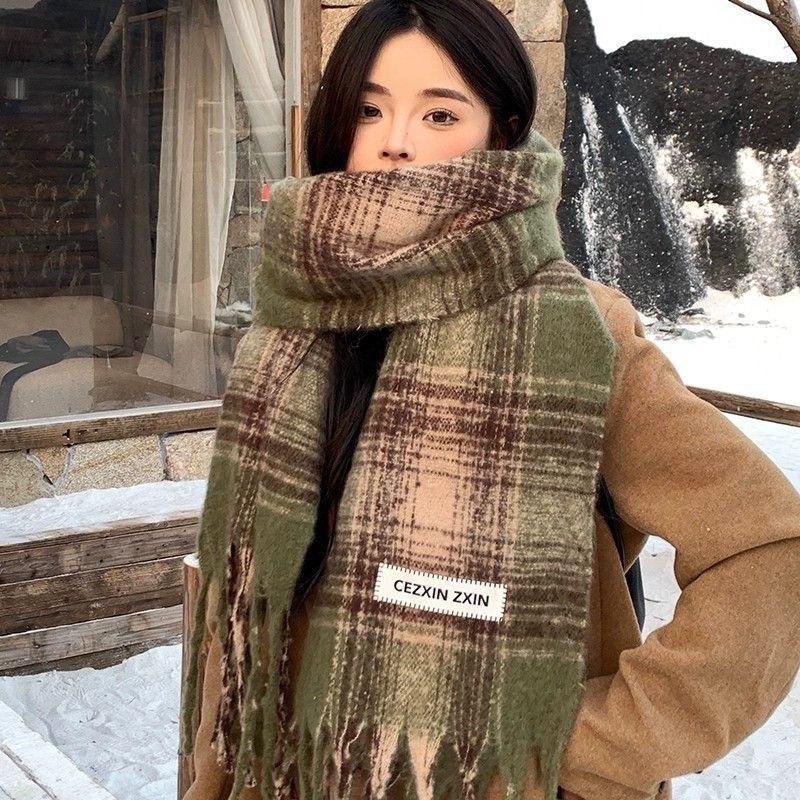 Dámský kostkovaný šátek v korejském stylu - Módní, Všestranný, Zesílený pletený nákrčník