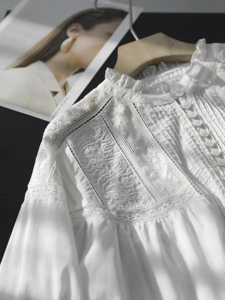 2025 Autumn French Lace Embroidered Retro Cotton Long Sleeve Shirt for Women