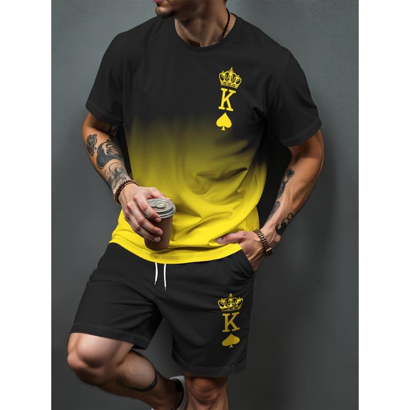 Heren Zomer Casual T-shirt en Korte Broek Set Verloop Letterpatroon Sportieve Tweedelige Set Stedelijke Mode Casual Trend Set