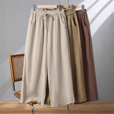 Women's Spring/Summer Plus Size Linen Cropped Pants Drawstring Straight-Leg Lightweight Casual Wide-Leg Pants