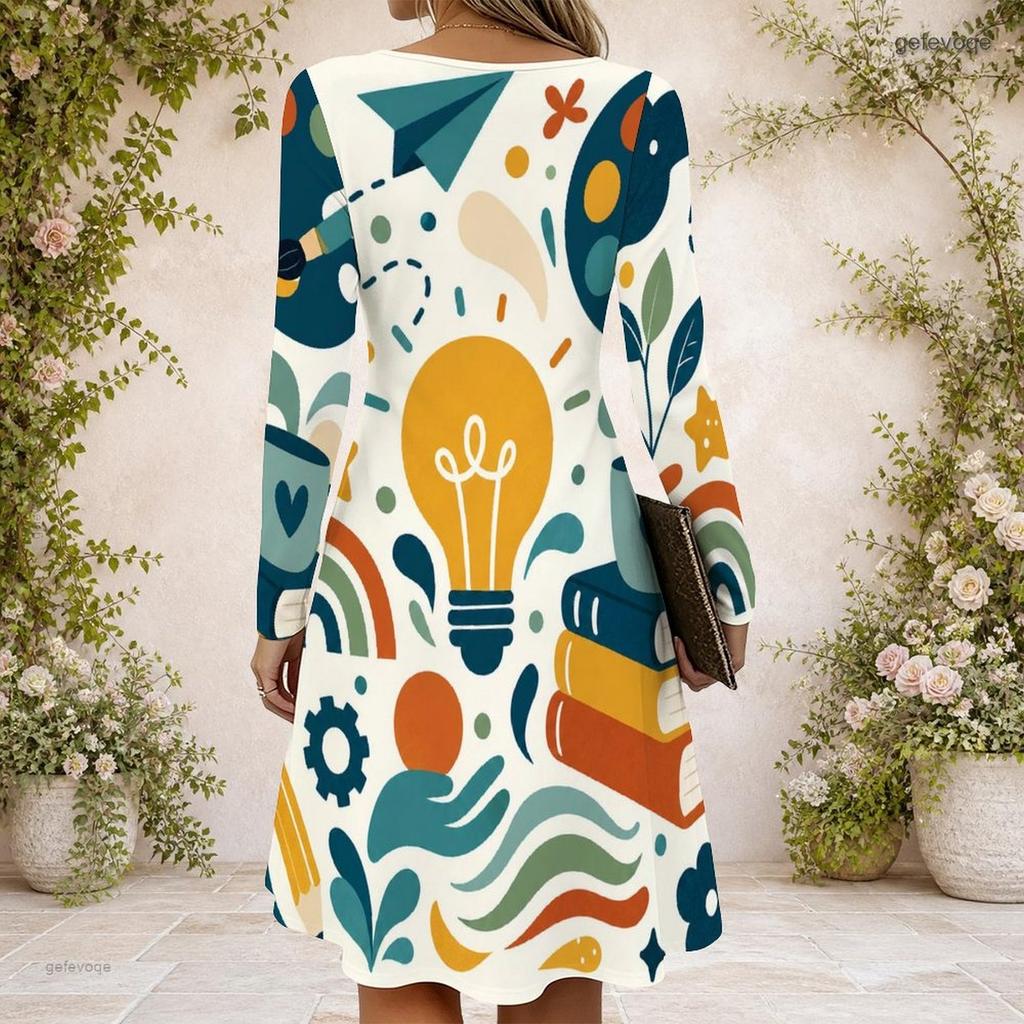 Women Multicolor Printed Criss Cross V Neck Long Sleeve Fitted Curved Hem Dress