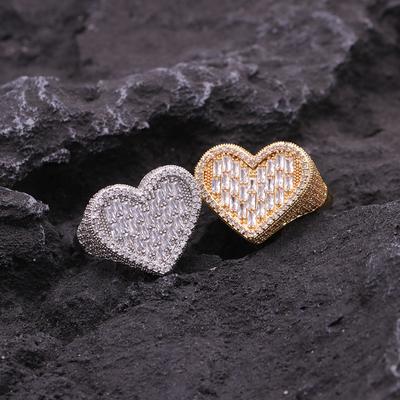 Luxury Iced Out Big Heart Ring Brass With Real Gold Plated 5A Cubic Zirconia Hip Hop Silver Plated Women Baguette CZ Heart Rings