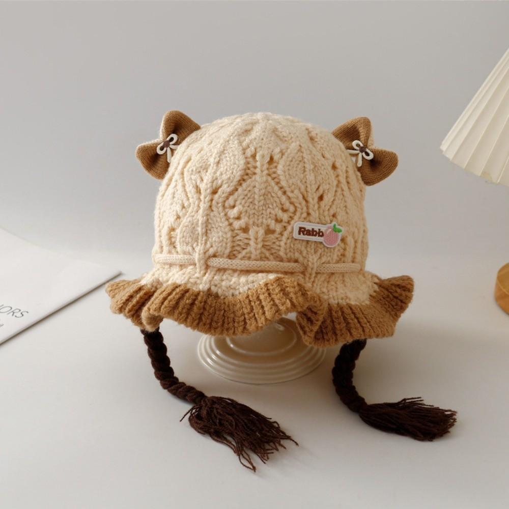 

Breathable Ear Protection Cap Warm Baby Wig Hats Cartoon Baby Knitted Hat Autumn and Winter бежевий