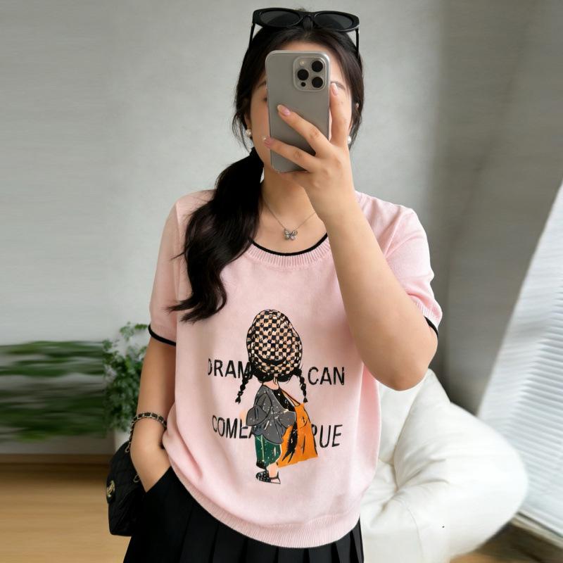2026 Plus Size Women's Ice Silk Knit Print T-Shirt - Spring/Summer Collection, Loose Fit, Slimming, Short Sleeve