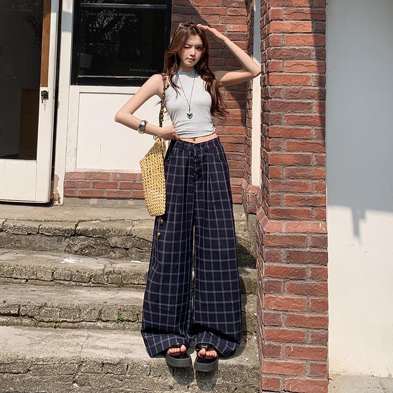 Women s Retro Plaid Wide-Leg High-Waist Pants Large