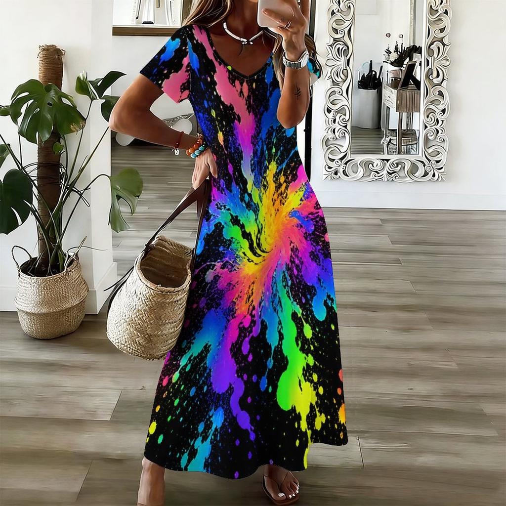 Women Plus Size V Neck Short Sleeve Black Golden Printed Straight Maxi Dress