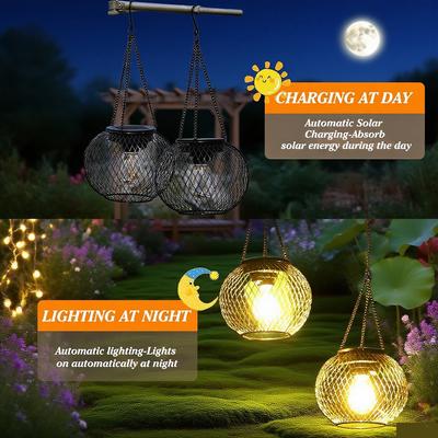 2 Stück Solarlaternen, wasserdicht, aus Metall, zum Aufhängen, für Garten, Terrasse, Weg, Veranda, Zaun, Weihnachten