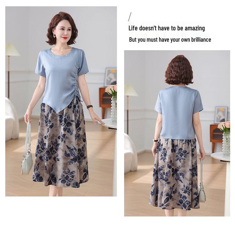 Summer Two-Piece Set for Mature Women: Stylish Short-Sleeve Top and Skirt Dress