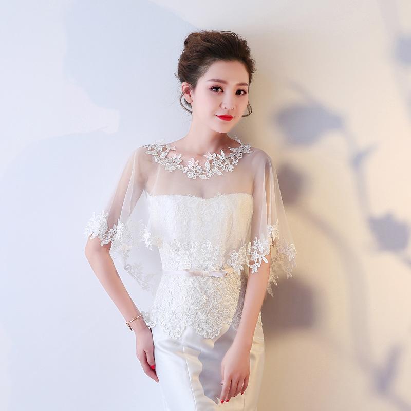 Casual O-Neck Lace Short Sleeve Bridal Wedding Elegant Women Cape Summer Black Applique Tulle Evening Prom Cape Cosplay Shawl