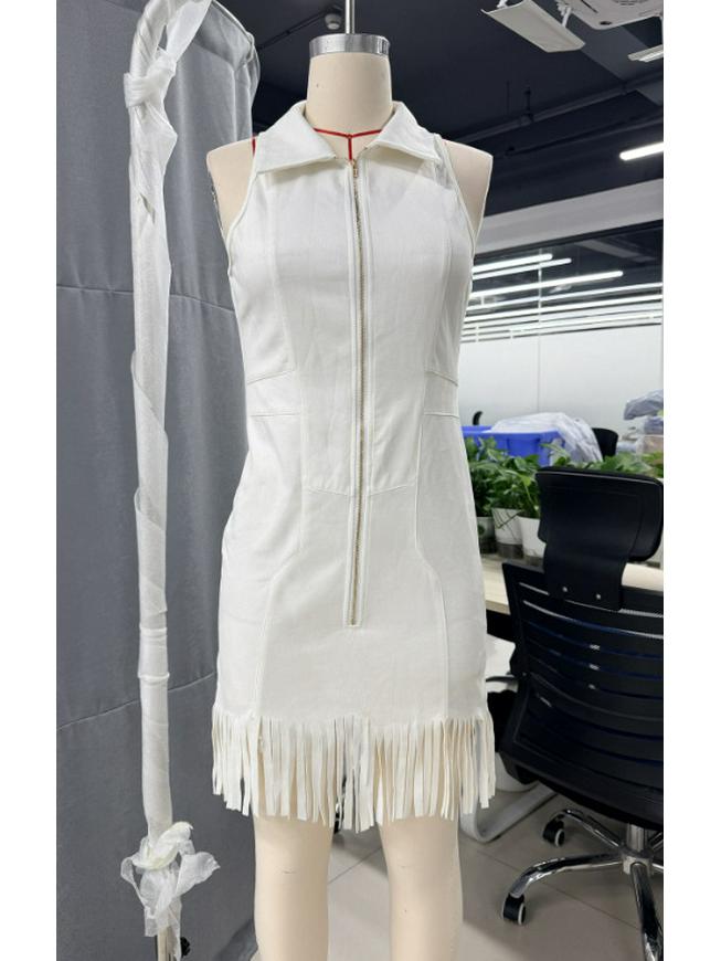 European Elegant Zipper Tassel Off-Shoulder Dress with Lapel - Sleeveless Solid Color Style