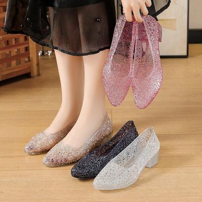 Crystal Sandals Women's New Summer Fashion Outerwear Hollow Center Heel Non Slip Beach Shoes