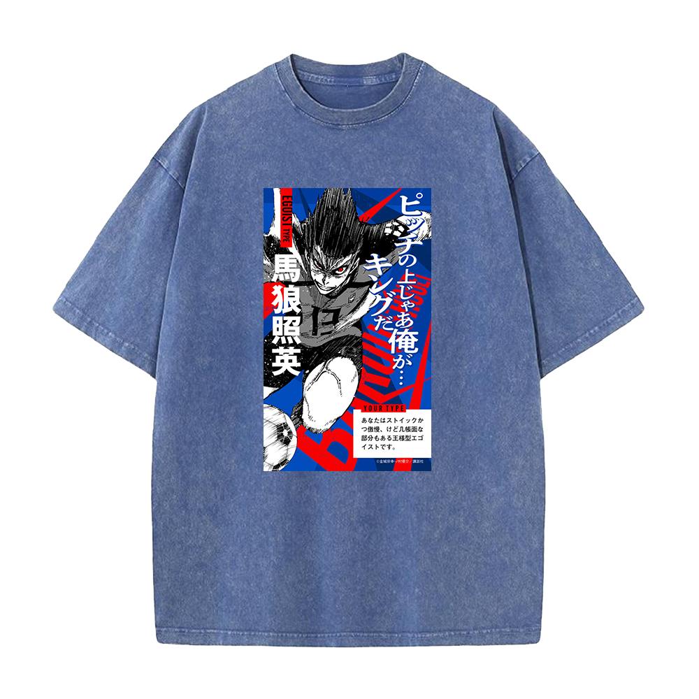 BLUE LOCK Anime Clothing Barou Shouei Printed Washed Tshirt Men Breathable Cotton T-shirts Manga Washed Tee Harajuku T Shirt