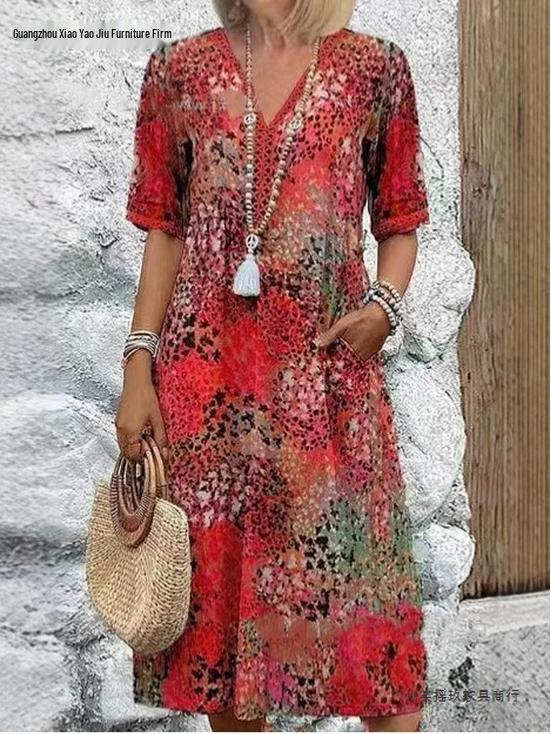 2026 European & American Fashion V-Neck Lace Trim Printed Short-Sleeve Dress