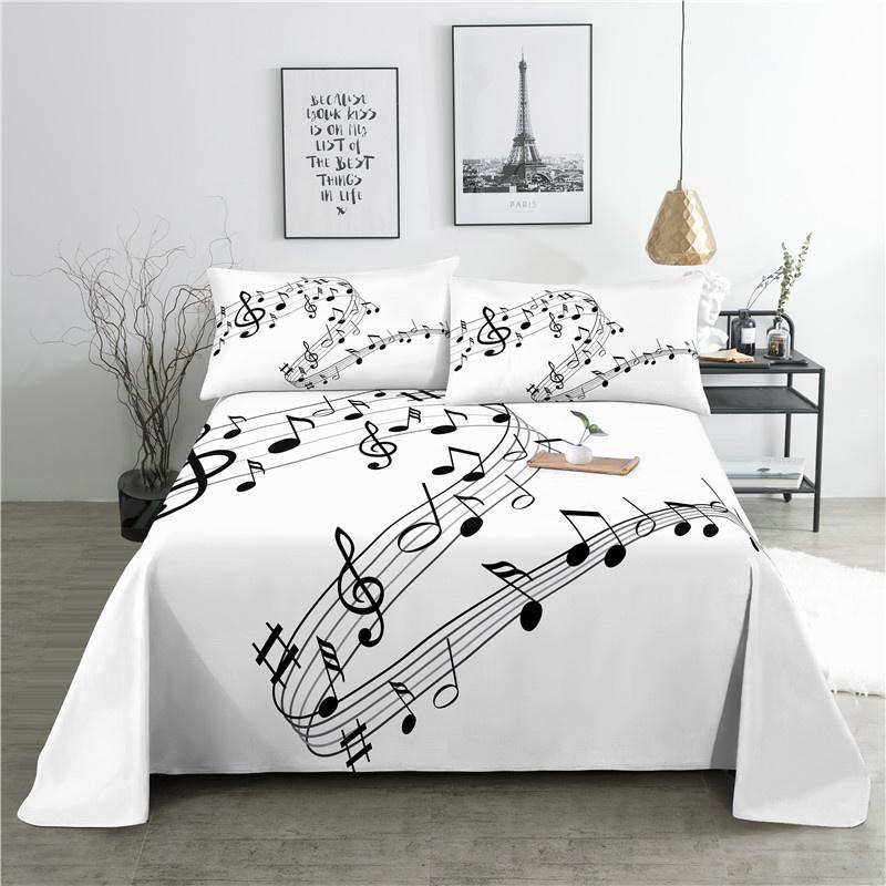 fashion Music Sheet Set Piano Keyboard Music Note Printed Bed Flat Sheet With Pillowcase Polyester Bedding