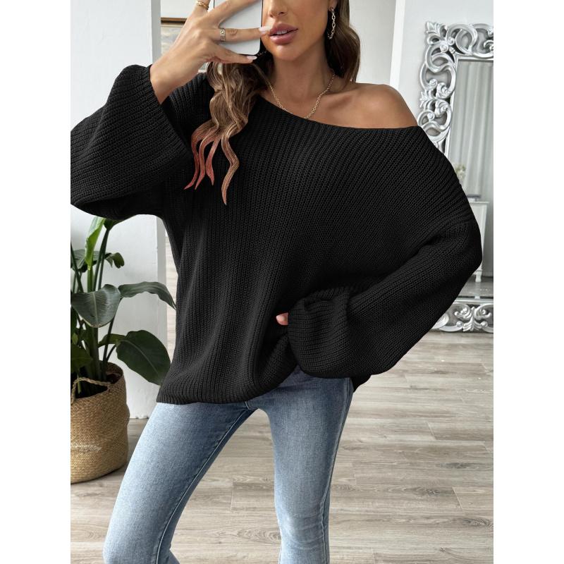 Women's Pullover Sweater Top Simple Loose Off-Shoulder Bell Sleeve Sweater