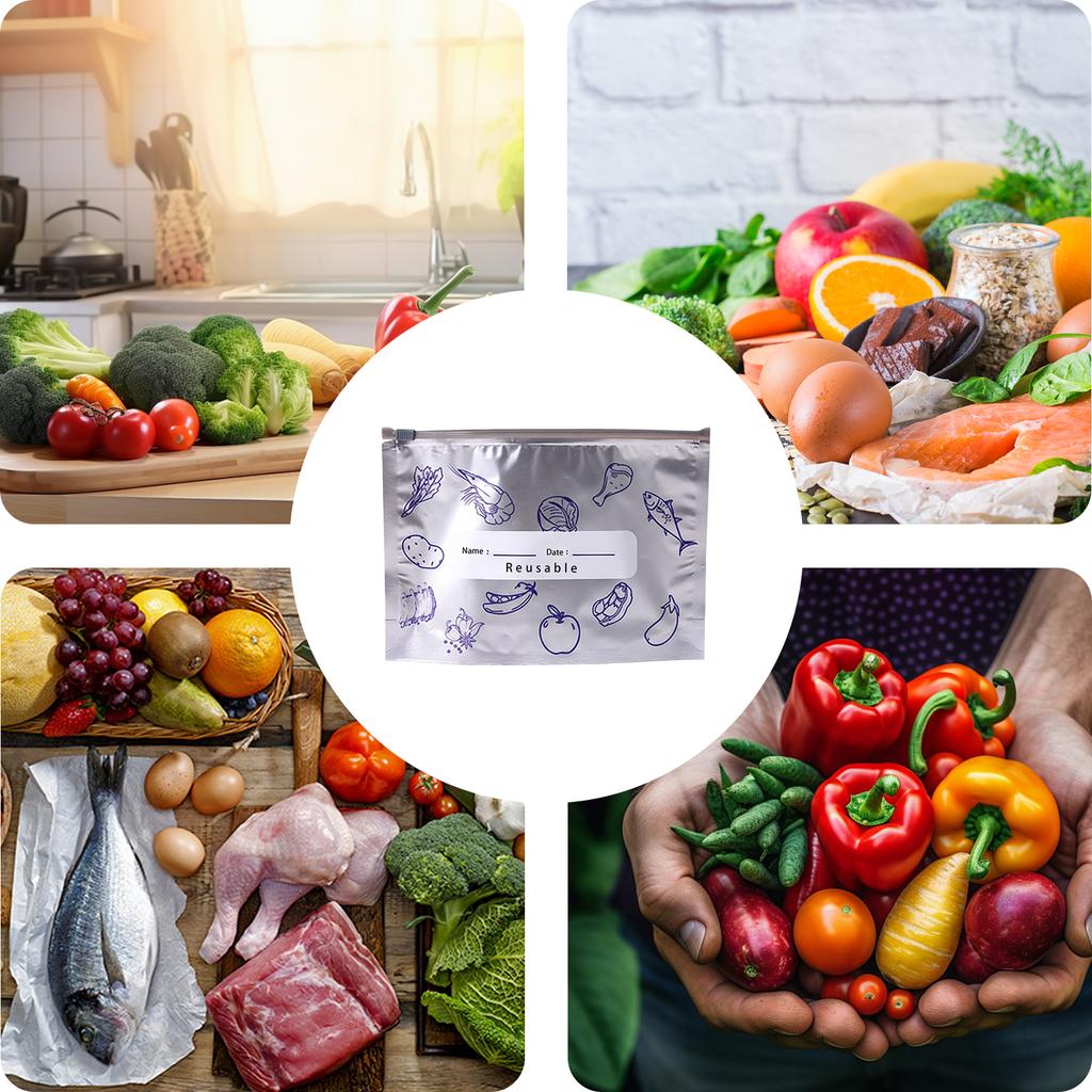 Reusable Aluminum Foil Sealable Storage Bags W/ Zipper Freezer Safe & Leak Proof Stand Up Storage Bags for Meat Fruit
