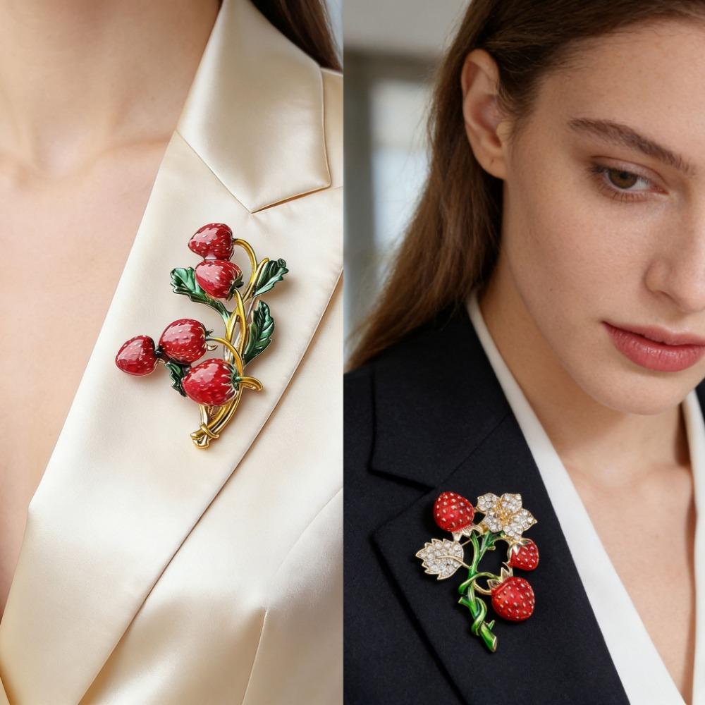 Vintage Enamel Strawberry Brooch Rhinestone Flower Lapel Pin for Women Men Clothing Accessories Gifts