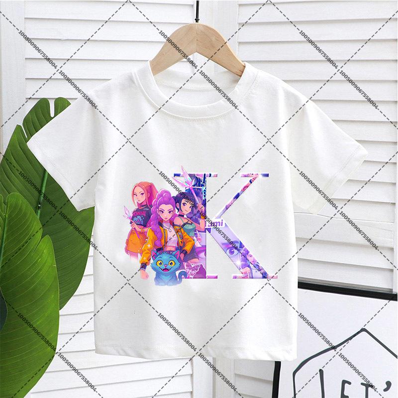 KPop Demon Hunters Child Pullover T-Shirt Cartoon Figure A-Z Letters Short-sleeve Summer Shirt Girl Cotton Casual Loose Clothing