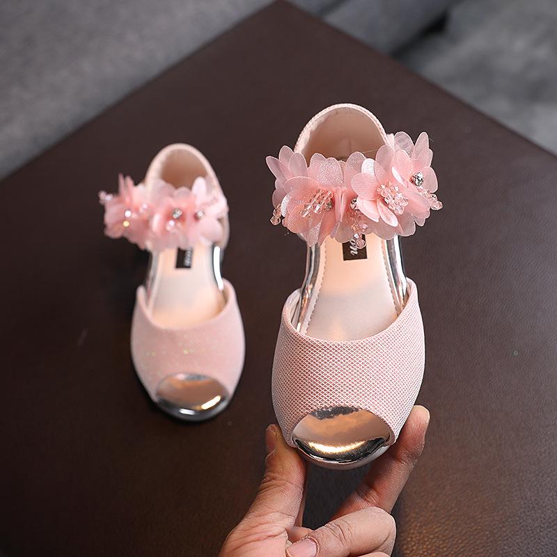 Girls' Summer Rhinestone Flower Sandals - Soft Sole Princess Dance Shoes