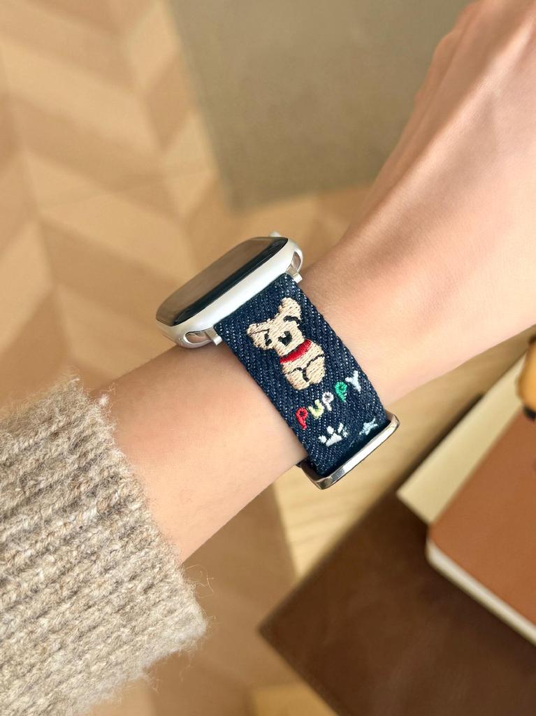Cartoon Embroidered Denim Leather Watch Strap for Apple Watch Series 11/10/98 Ultra SE