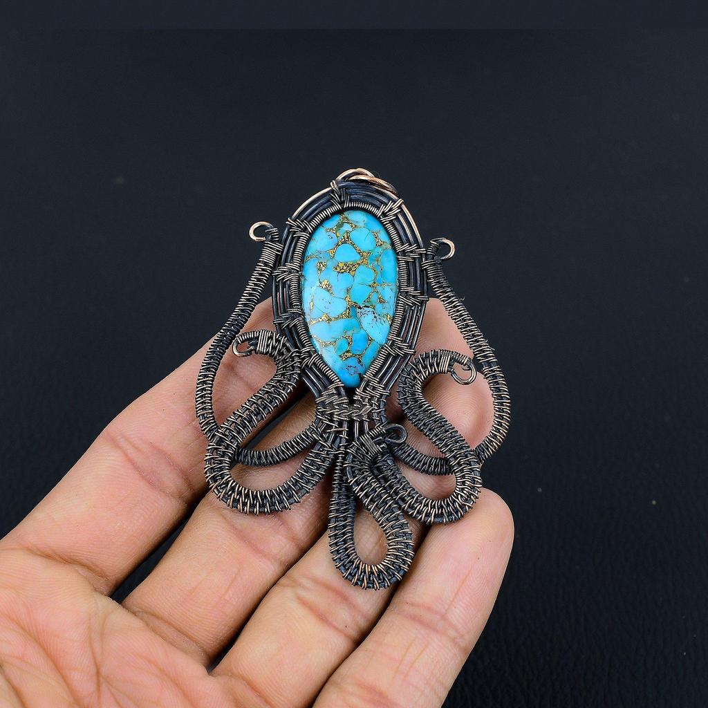 Copper Turquoise 999 Copper Wire Wrapped Pendant, Handmade Pendant Gemstone Jewelry, Gifts For Wife Brand New Pendant