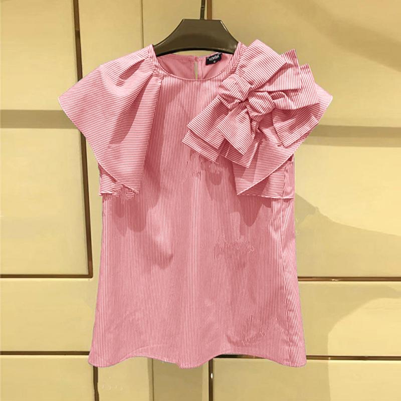 

VONDA Women Summer Round Neck Striped Short Sleeve Tie Blouses 5XL красный