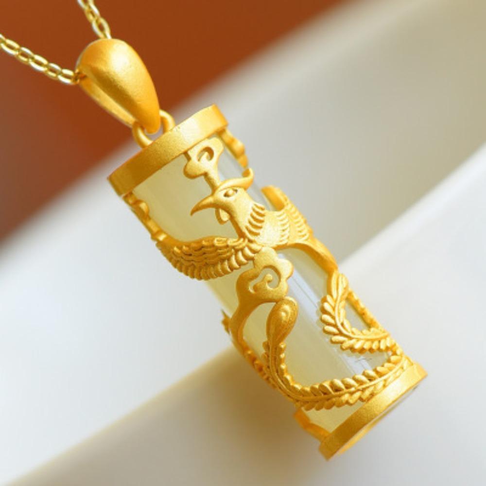 Imitation Hetian Jade Dragon Phoenix Column Pendant Necklace Traditional Gold Inlaid Zodiac Jewelry