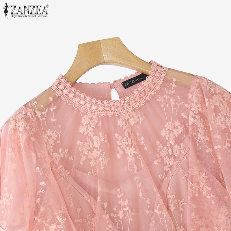 ZANZEA Women Casual Round Neck Short Sleeve Embroidery Lace Patchwork Blouse