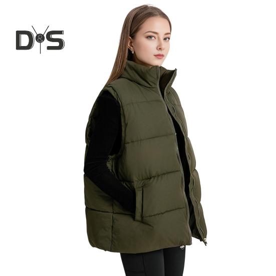 Women Winter Waistcoat Stand Collar Thick Sleeveless Padded Outerwear with Pockets Zipper Closure Mid Length Outdoor Coat