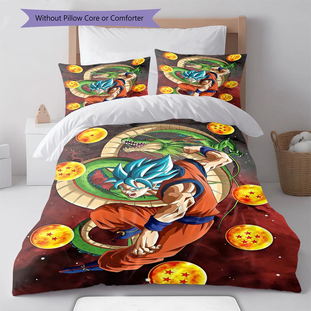 Son Goku Pattern Bedding,Quilt Set Quilt Cover Pillowcase Home Birthday Gift (1 * Duvet Cover + 2 * Pillowcase, Without Core)