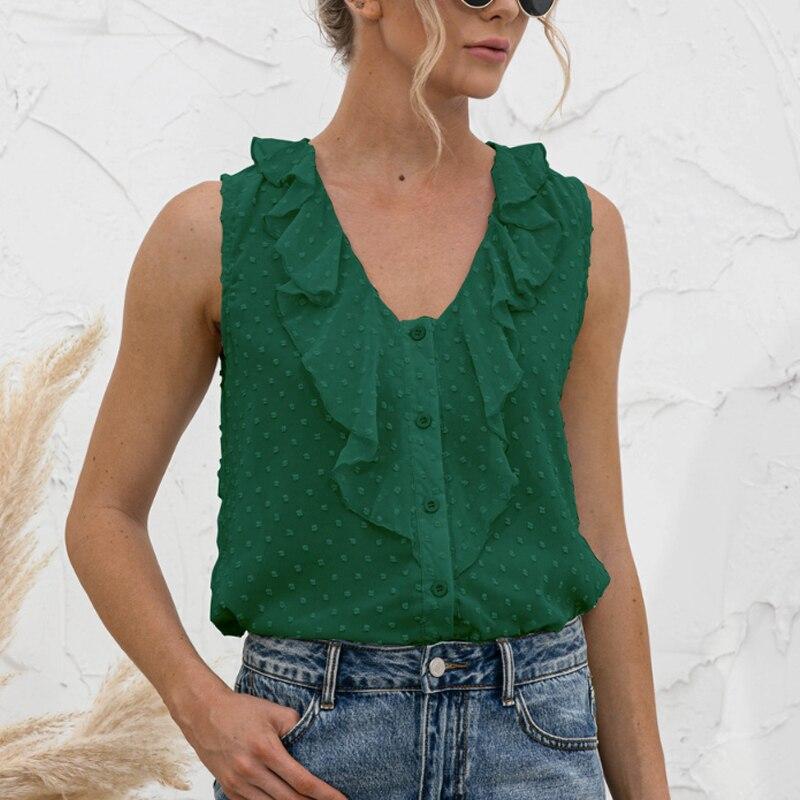 Spring And Summer 2023 Sexy V-neck Sleeveless Sweet Ruffles Button Shirt Women Tops Camis Blouse Causal Clothes Blusas 25557