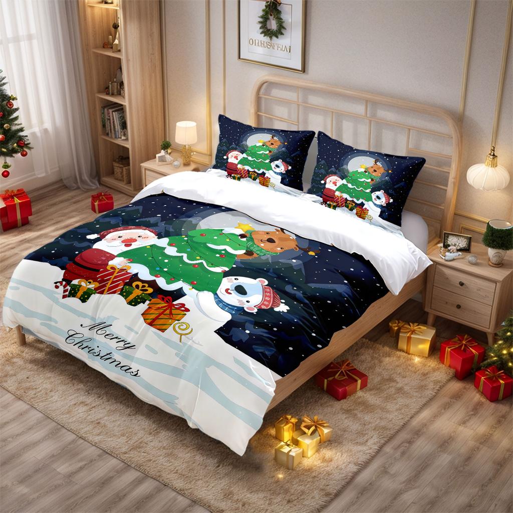 3pcs Cartoon Santa Claus Printed Chipless Quilt Set with Multiple Sizes Soft Bedroom and Dormitory Decoration Machine Washable
