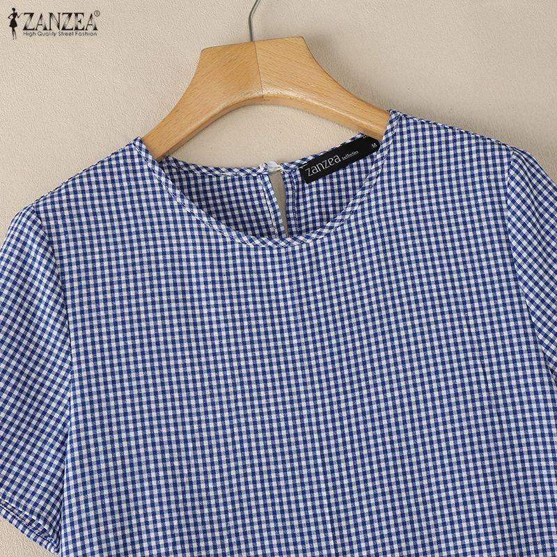 ZANZEA Rochie casual pentru femei, cu gât rotund, mânecă scurtă, imprimeu carouri