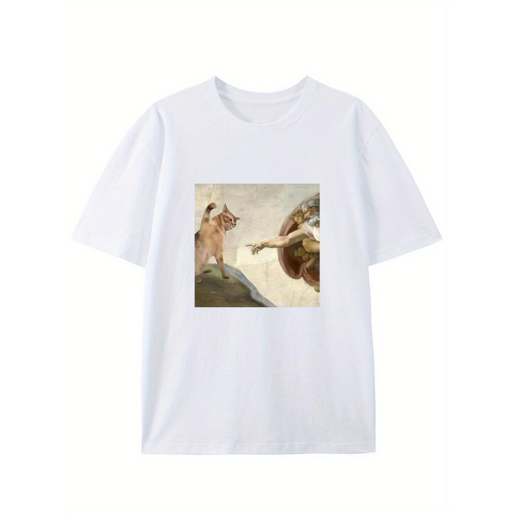 Humorous Cat Pattern T-shirt Casual Round Neck T-shirt Suitable for Adult Short Sleeved Summer Casual Fashion Top