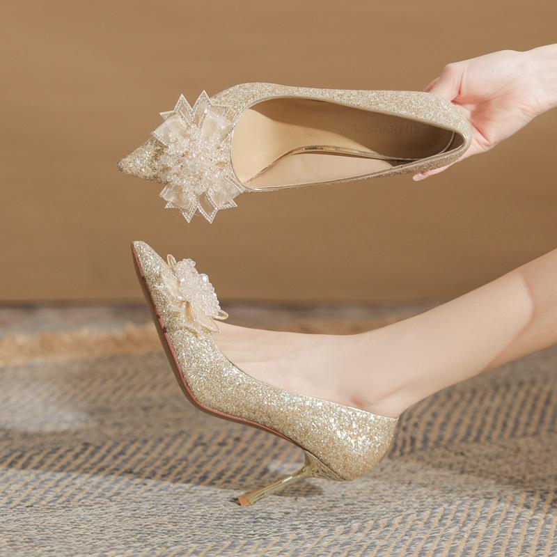 Women's shoes wedding high heels not tired feet silk sequined flower shoes stiletto women's shoes versatile pointed single shoes