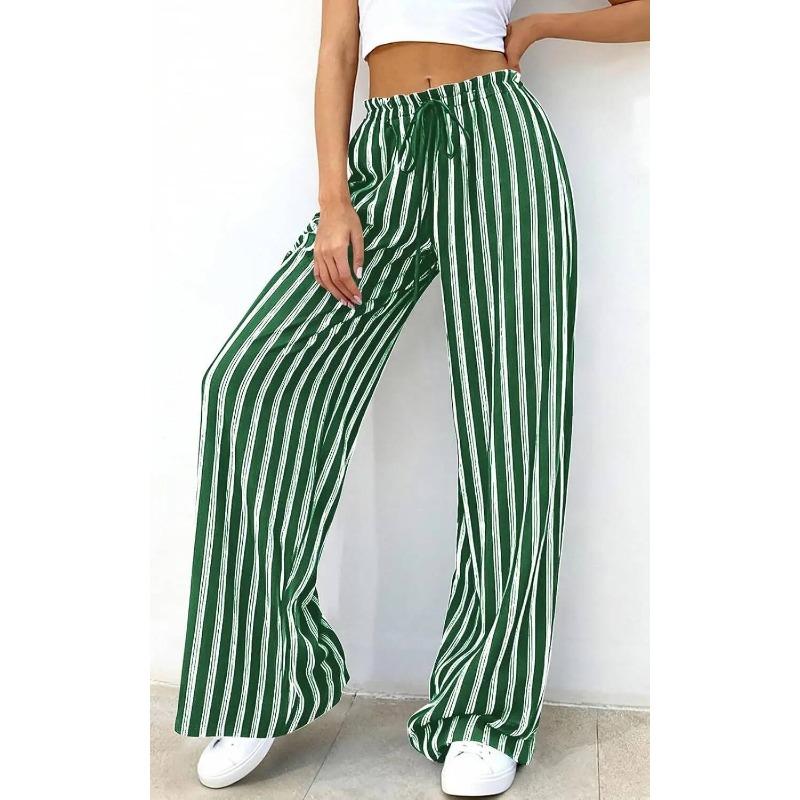 Women Striped Loose Commuting Casual Elastic Waist Wide-Leg Trousers