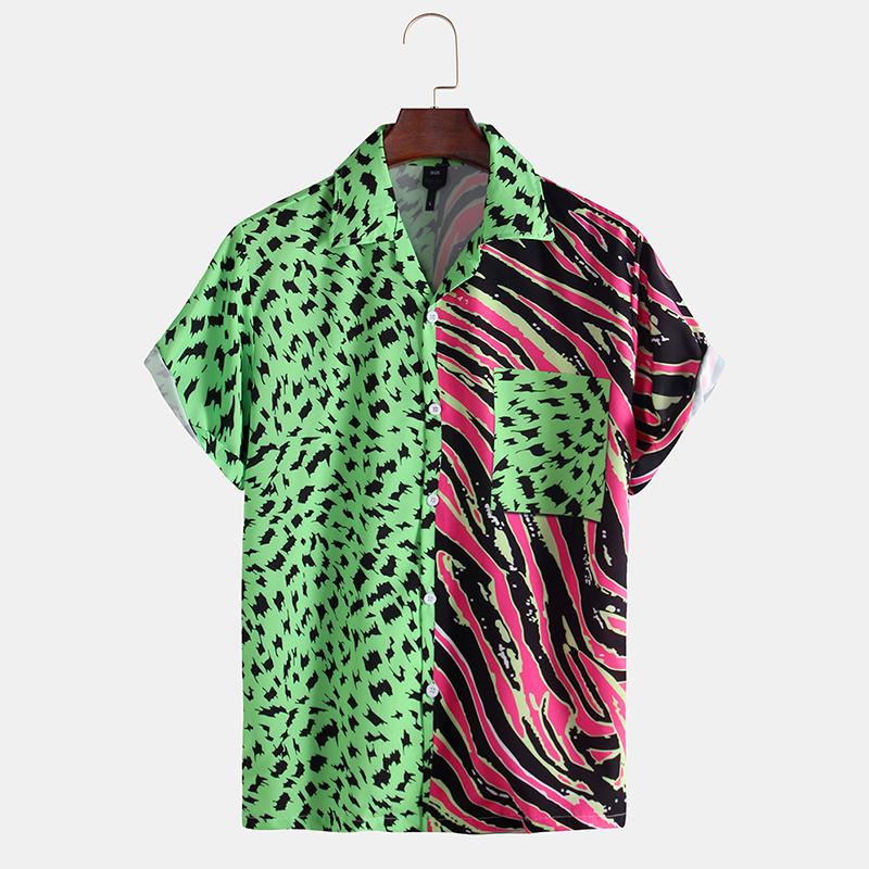 

Модные мужские рубашки с воротником с лацканами и короткими рукавами, футболки с леопардовым принтом и лоскутным узором, топы