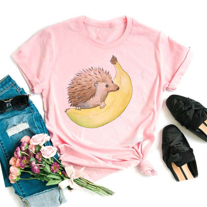 Pink Women Tshirts Casual Cute Cartoon Hedgehog Floral Graphic Print Female Tee Tops Harajuku Fashion Short Sleeve T Shirt Femme