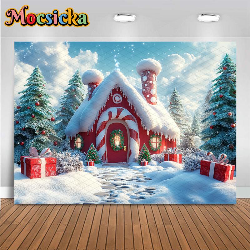 Mocsicka Christmas House Photography Background Xmas Tree Snowflake Lollipop Gifts Decoration Child Family Party Backdrop Banner
