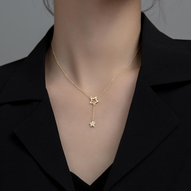 WANTME Real 925 Sterling Silver Fashion Korean Romantic Hollow Star Link Chain Clavicle Necklace for Women Wedding Jewelry Gift