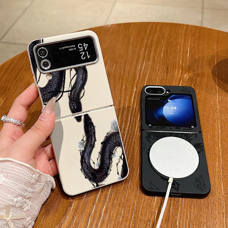 Leather Texture TPU Snake Graphic Magnetic Case For Magsafe For Samsung Galaxy Z Flip 5 4 6 3 5G Flip4 Flip5 Flip6 Folding Cover