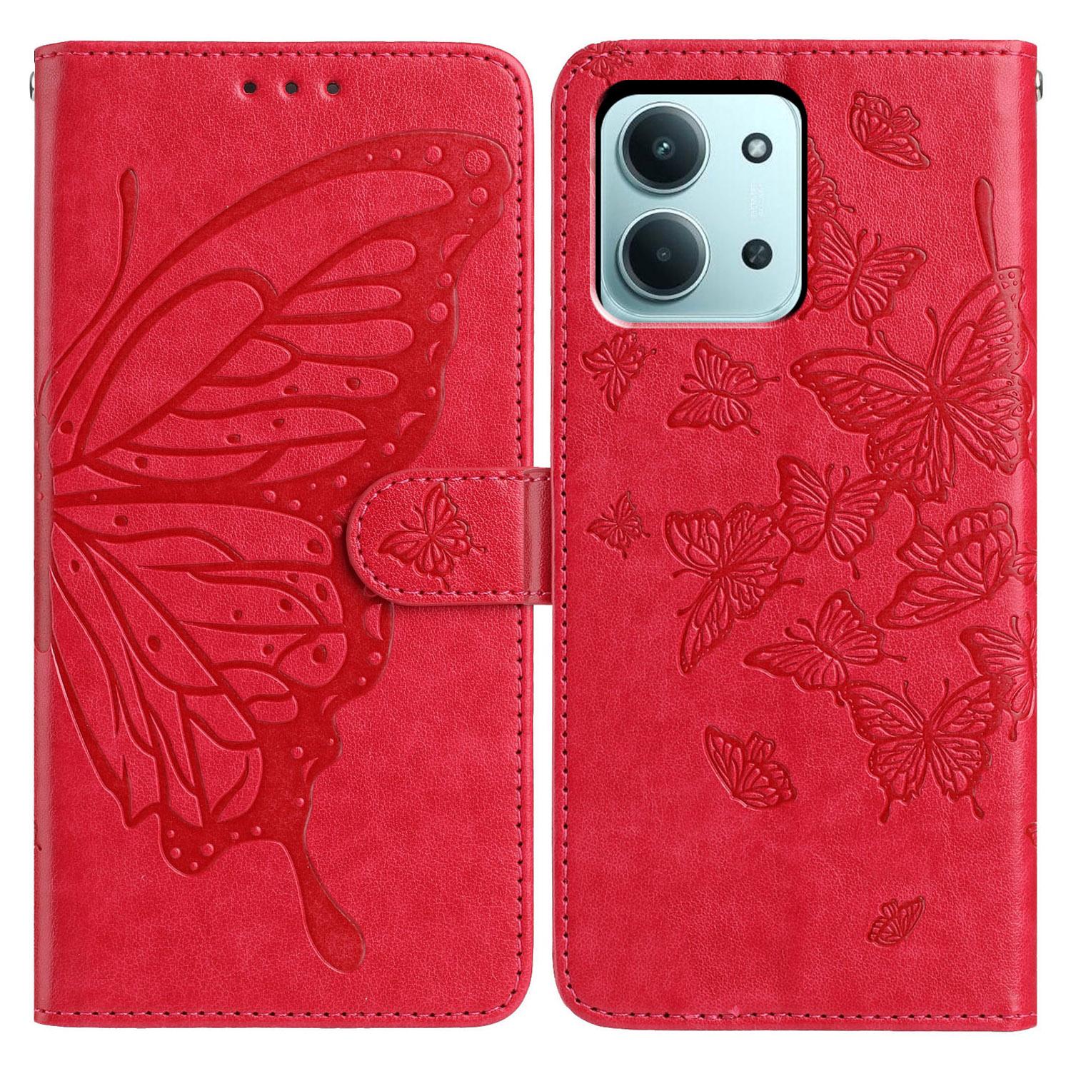 

For Xiaomi Redmi 15C 5G (EU) (173mm)/15C 4G (EU) (173mm) Case Butterfly Imprinted Wallet Stand PU Leather Flip Phone Cover with Strap Red