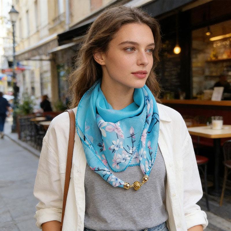 1Pc Scarf Versatile 65CM Fashion Magnetic Clasp Gift Neck Scarf Sweet Printed Chiffon