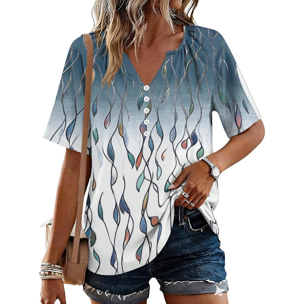 Women's Fashionable Casual Floral Print Button V-neck Short-sleeved Top