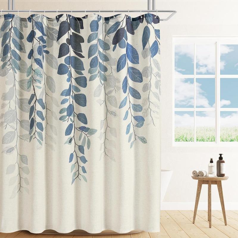 Green Shower Curtains for Bathroom Linen Shower Curtain Nature Themed Plants Leaves Botanical Sage Green and Cream Fabric Cloth