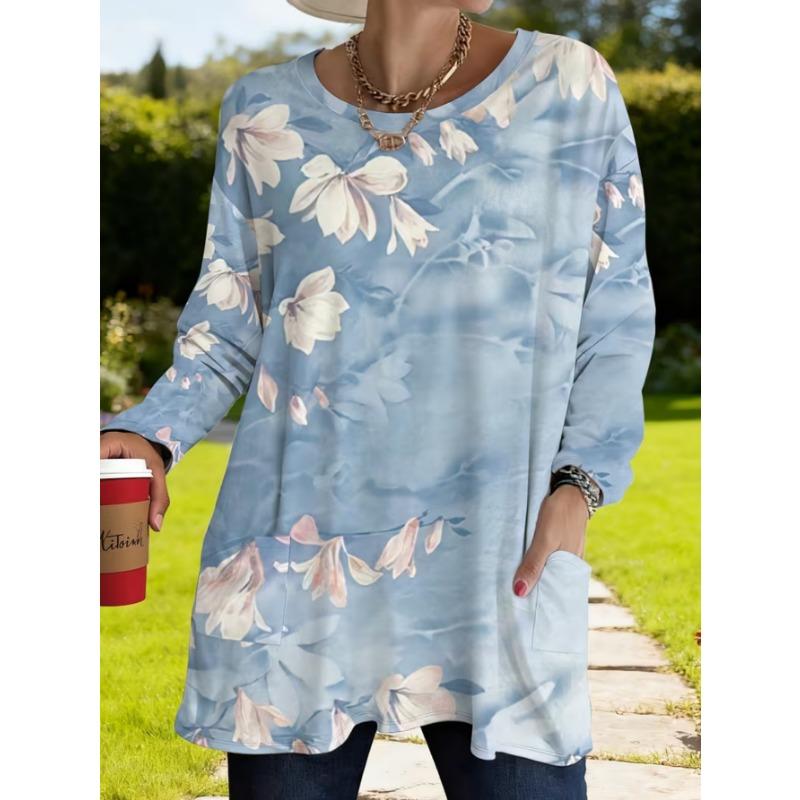 Women's long-sleeved round-neck T-shirt, suitable for spring, autumn and winter seasons. It has pockets and print designs. machine washable.